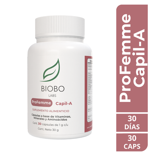 Capil-A combina L-Cistina, L-Lisina, L-Metionina, vitaminas y minerales como Vitamina C, B5, B6, Biotina, Zinc y Hierro, reconocidos por fortalecer el cabello y apoyar la síntesis de queratina. También influyen en la formación de melanina, manteniendo el color natural del cabello. Su fórmula está diseñada para una acción sinérgica y efectiva.