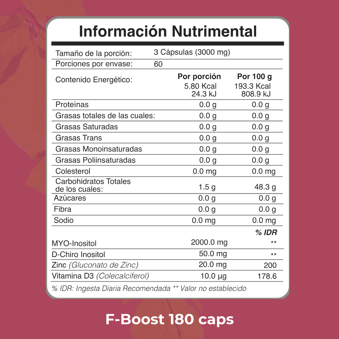 F-Boost está formulado con MYO y D-Chiro Inositol, Zinc y Vitamina D3. Los inositoles (MYO y D-Chiro) han sido objeto de diversos estudios científicos debido a su aplicación en el tratamiento del Síndrome de Ovario Poliquístico (SOP). Estos ingredientes, en general, han sido estudiados por diversos autores por su capacidad de influir en diferentes procesos relacionados con el SOP, deduciendo que con la combinación de estos, se optimiza la salud femenina.