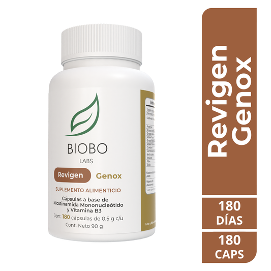 Genox contiene Nicotinamida Mononucleótido (NMN) y Vitamina B3, compuestos estudiados por su capacidad para aumentar los niveles de NAD+, influyendo en la producción de energía y la reparación celular. También se ha investigado su rol en la salud cardiovascular, metabólica y neurológica, así como su posible influencia en los mecanismos biológicos del envejecimiento.