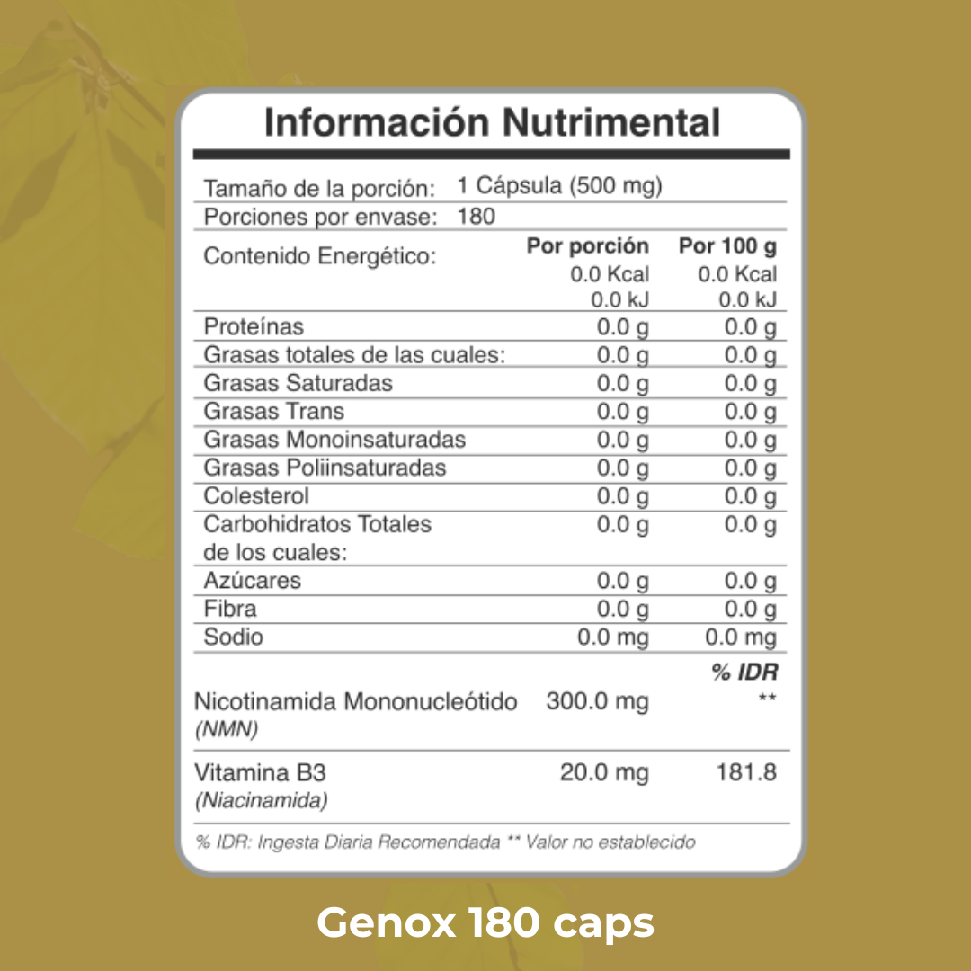 Genox contiene Nicotinamida Mononucleótido (NMN) y Vitamina B3, compuestos estudiados por su capacidad para aumentar los niveles de NAD+, influyendo en la producción de energía y la reparación celular. También se ha investigado su rol en la salud cardiovascular, metabólica y neurológica, así como su posible influencia en los mecanismos biológicos del envejecimiento.