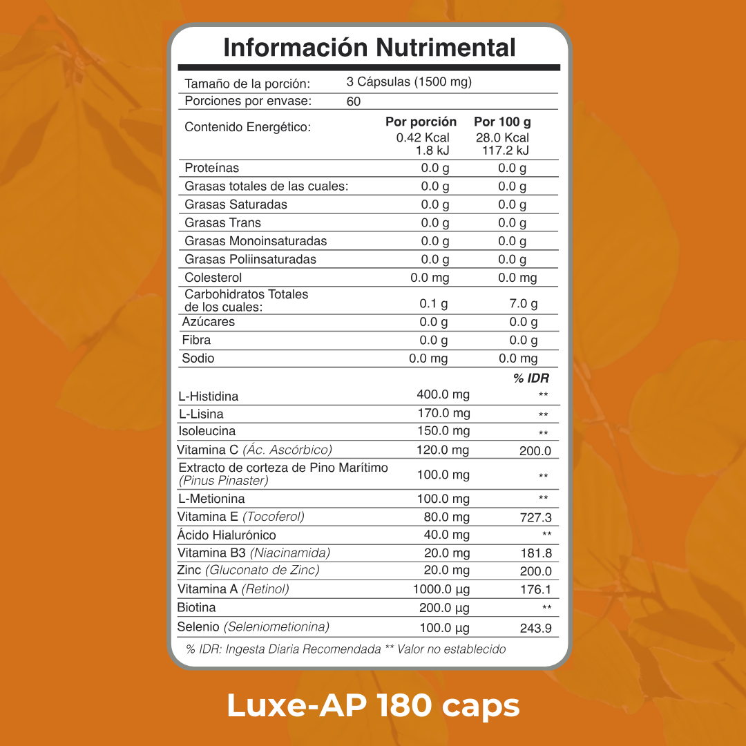 Luxe-AP combina Corteza de Pino Marítimo, vitaminas, minerales y aminoácidos, reconocidos por su efectividad en el cuidado de la piel. Esta fórmula, respaldada científicamente, ayuda a tratar hiperpigmentación, melasma y signos de envejecimiento, gracias a sus ingredientes seleccionados para actuar sinérgicamente y potenciar resultados.