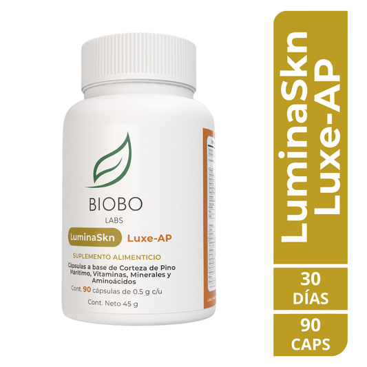 Luxe-AP combina Corteza de Pino Marítimo, vitaminas, minerales y aminoácidos, reconocidos por su efectividad en el cuidado de la piel. Esta fórmula, respaldada científicamente, ayuda a tratar hiperpigmentación, melasma y signos de envejecimiento, gracias a sus ingredientes seleccionados para actuar sinérgicamente y potenciar resultados.