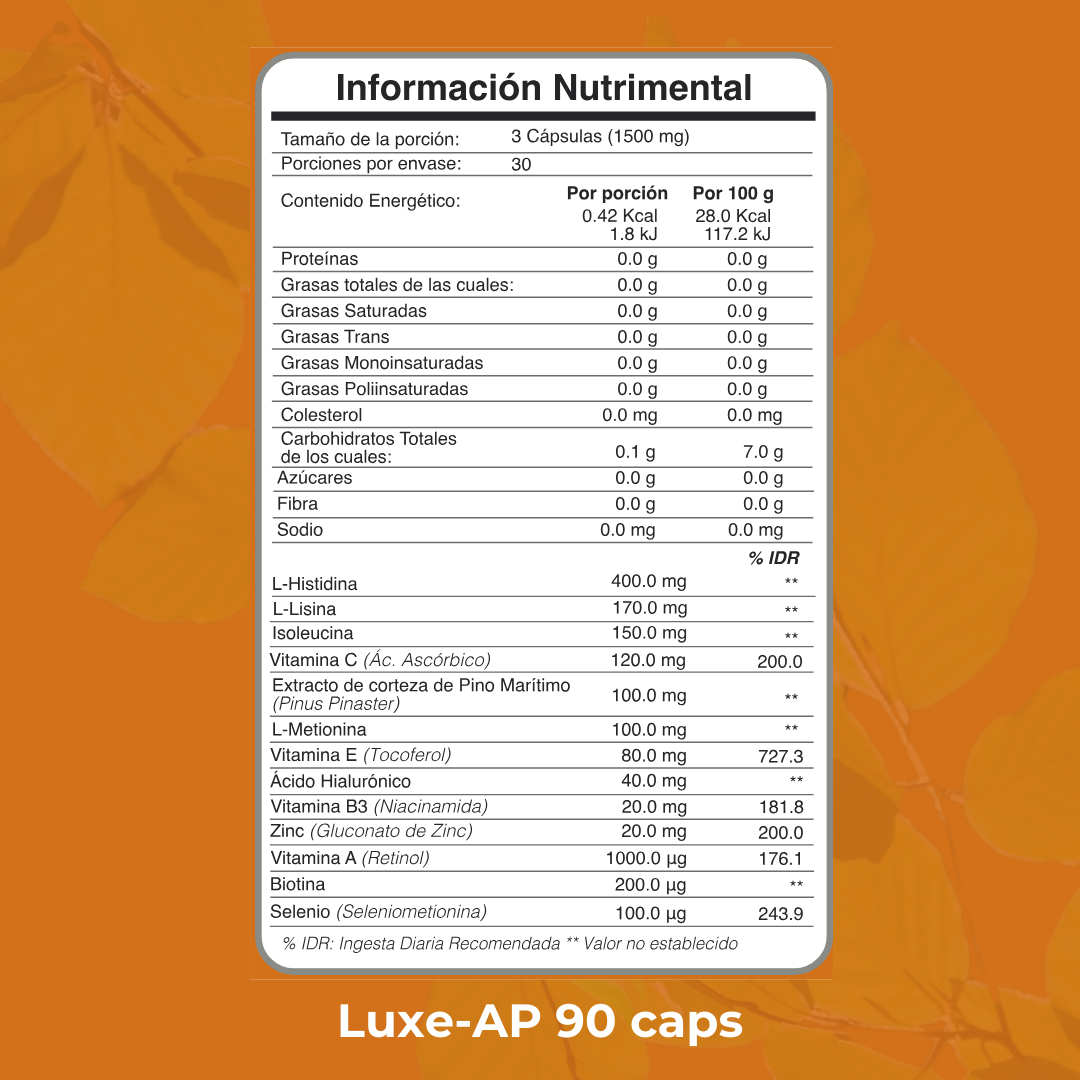 Luxe-AP combina Corteza de Pino Marítimo, vitaminas, minerales y aminoácidos, reconocidos por su efectividad en el cuidado de la piel. Esta fórmula, respaldada científicamente, ayuda a tratar hiperpigmentación, melasma y signos de envejecimiento, gracias a sus ingredientes seleccionados para actuar sinérgicamente y potenciar resultados.