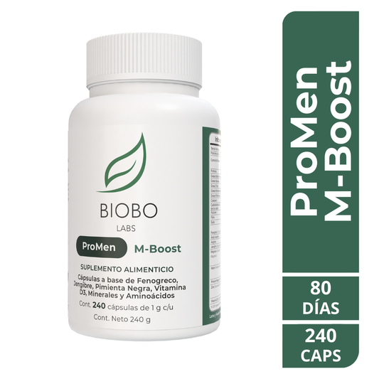 M-Boost contiene Fenogreco, Jengibre, Pimienta Negra, Vitamina D3, Minerales y Aminoácidos, compuestos estudiados por sus beneficios en la energía masculina. Estos ingredientes apoyan la circulación sanguínea, el equilibrio hormonal, la libido y la producción de energía celular. Su fórmula está diseñada para una acción sinérgica efectiva.